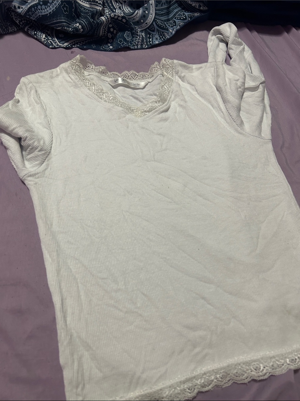 Girls' White Lace-Trim Ribbed Top